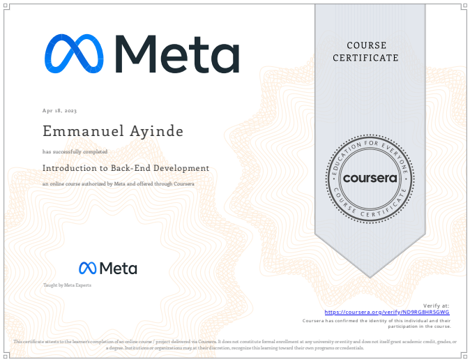 Back-End Development certification