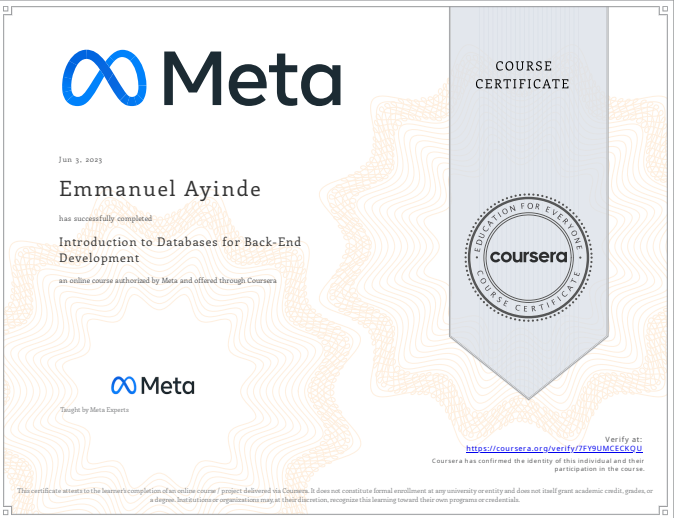 Databases for Back-End Development certification